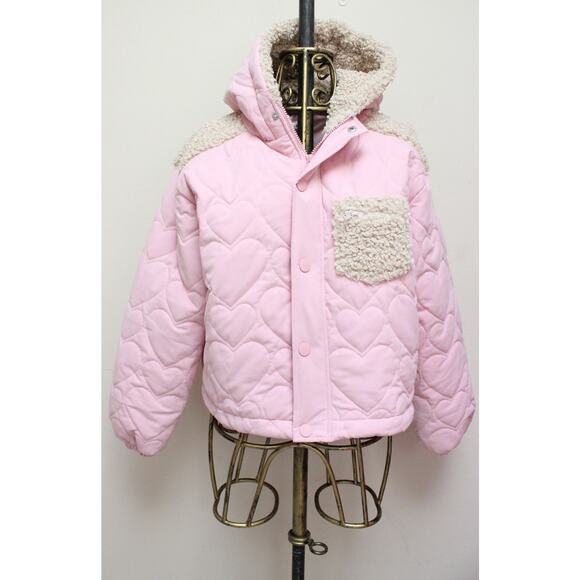 NWT For Love & Lemons Pink Ruffle Heart Puffer Sherpa Cropped Jacket Size XS - Picture 2 of 6